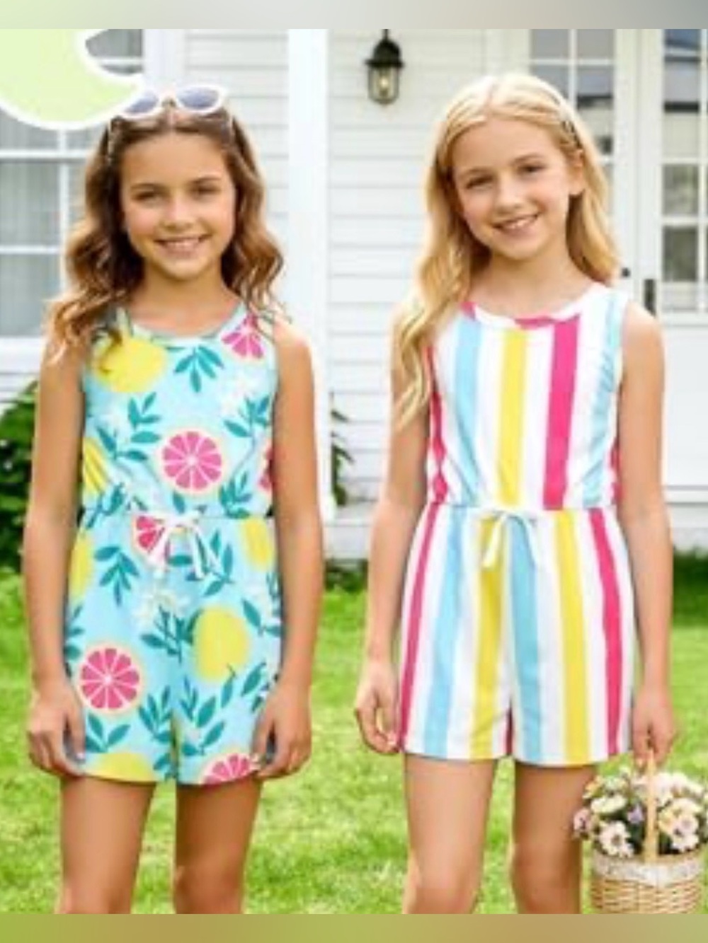 PatPat Girls Romper Jumpsuit Set of 2 Aqua Floral & Multi-Stripe 5-6 Years NWT